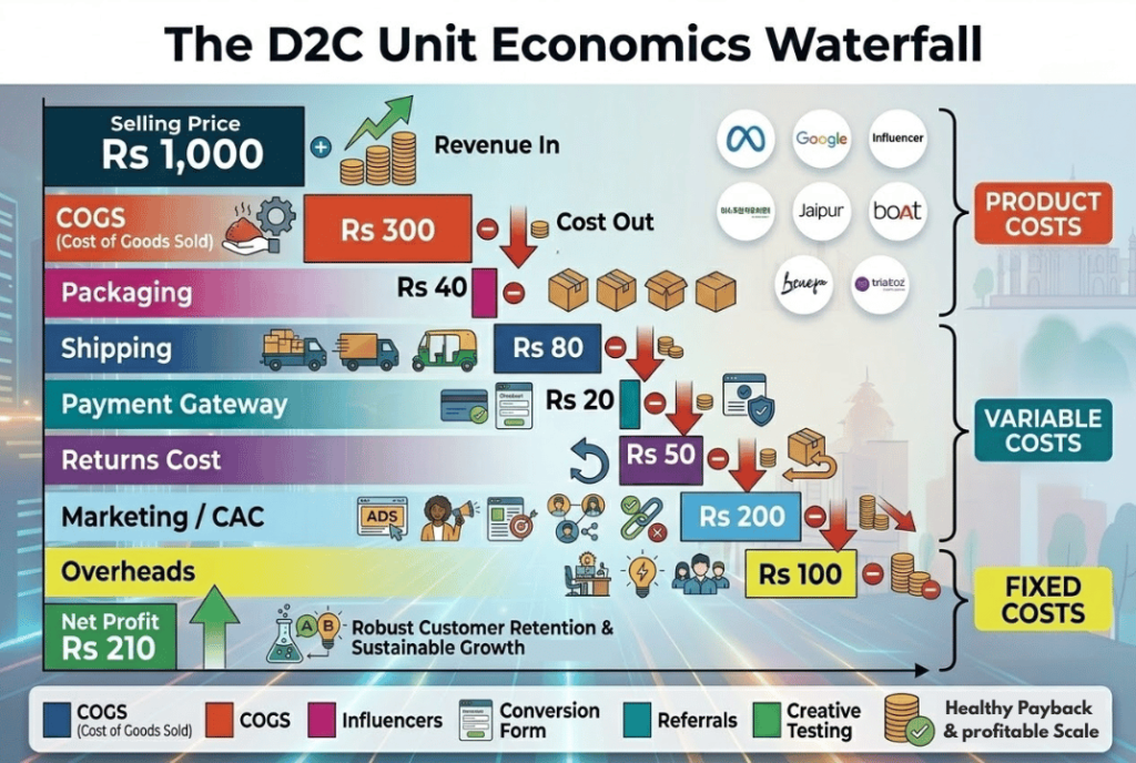 Unit Economics for D2C India - Waterfall Diagram - The D2C Pulse