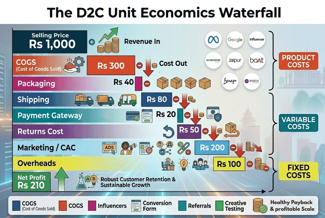 Unit Economics for D2C India - Waterfall Diagram - The D2C Pulse