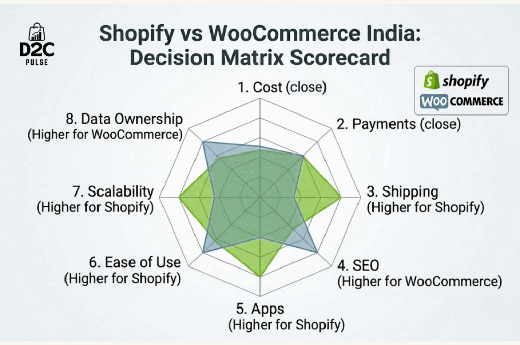 Shopify vs Woocommerce - Matrix Scorecard - The D2C Pulse